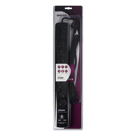 OR-AE-13244(GS)/B/3M PRENAPONSKA ZAŠTITA 8xŠUKO 2xUSB 3x1,5mm2 3m CRNA 3680W IP20 ORNO