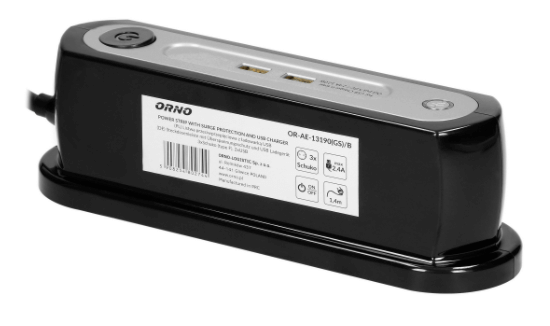 OR-AE-13190(GS)/B PRENAPONSKA ZAŠTITA STOLNA 3xŠUKO 2xUSB 3x1,5mm2 1,4m CRNA 3680W IP20 ORNO