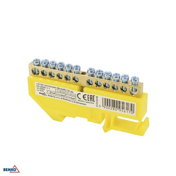 A18-TBI-6X09-12P-ZO SABIRNIČKI BLOK 63A DIN PE ŽUTI 2X6.0MM 10X4.5MM